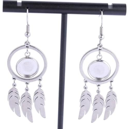10pcs Stainless Steel Dangle Feather Charm 10mm Cabochon Earring Base Setting Blanks Diy Earrings Parts Accessorie For Making