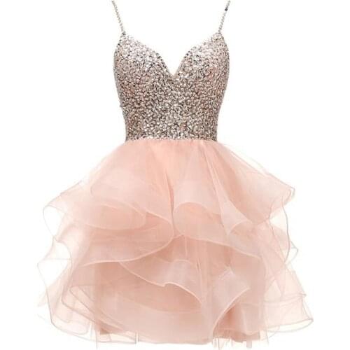 2021 Sexy Spaghetti Beaded Short Homecoming Dresses Sequins Crystal Prom Mini Party Graduation Cocktail Gown BM764