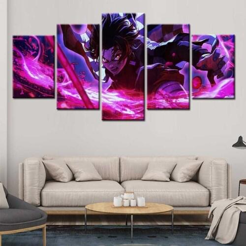 5 Panel Demon Slayer Kimetsu No Yaiba Poster Modular Pictures Wall Art Canvas Painting HD Printed Boy Room Home Decor