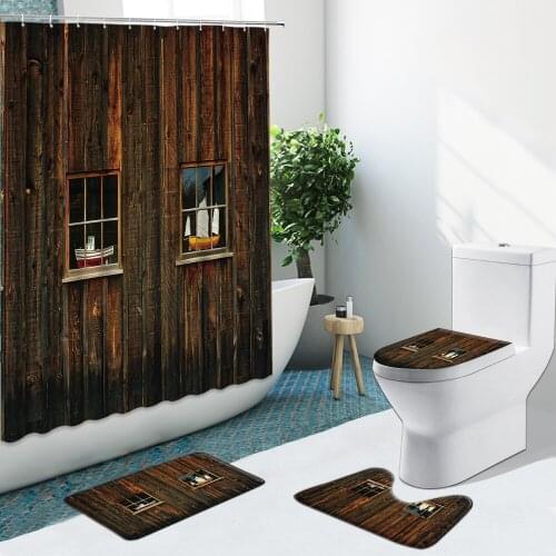 Antique Brown Wooden Plank Windows Sailing Ship Bathroom Set Shower Curtain Fabric Non-Slip Rugs Flannel Carpet Cover Bath Mat