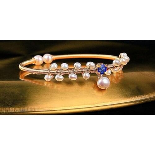 Natural Freshwater Pearls Bracelets Copper Gold Color Blue Four-leaf Clover Personality Party Evening Bangles For Women Gift New