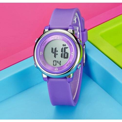 Digital Women Girl Wristwatch Fashion Waterproof Purple Silicone Children Watch kids 7 colors LED Sport Swimming Watches alarm