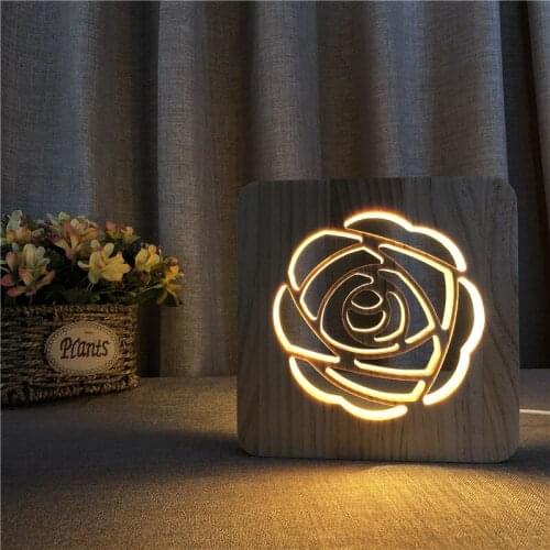 Wooden Rose Night Lamp 3D LED Night Lights for Valentines Gift Creative Warm White Bedroom Bedside Table Lamp