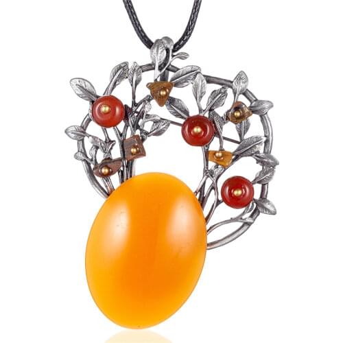 Long Necklace for Women Vintage Jewelry Plant Leaf Resin Orange Stone Pendants Rope Chain Jewellery Suspension Choker 2021 New
