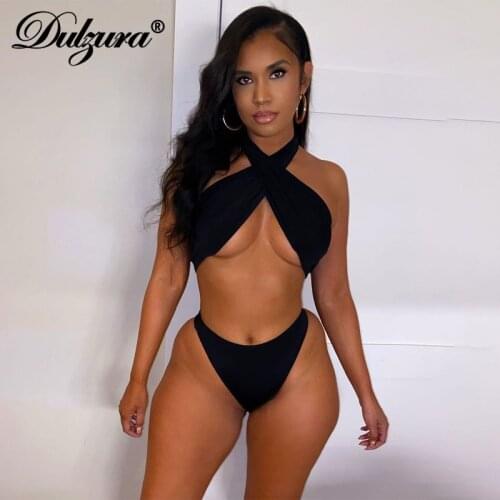 Dulzura Solid Women 2 Piece Set Halter Crop Top Lace Up Bandage Backless Thong Sexy Streetwear Beach Clothes 2021 Summer Outfit