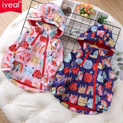 IYEAL New Fashion Girls Jackets Coats Hooded Cartoon Printed Pattern Kids Windbreaker Outerwear For Girl Children Clothes 2-10Y