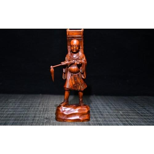 6"Chinese temple collection Old Boxwood Little novice monk Ascetic Tang Sanzang Buddha Statue Office Ornaments Town House