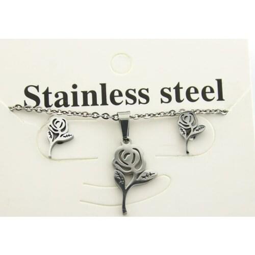 1 Set Golden Stainless Steel Jewelry Little Rose Flower Charms Plant Earrings Necklace Sets for women Girls Party Gift