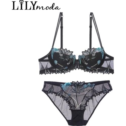 LILIMODA Women Sexy Comfortable Paded Thin Cotton Bra Brassiere Sets Floral Lace Embroidery Underwire Lingerie Underwear BLACK