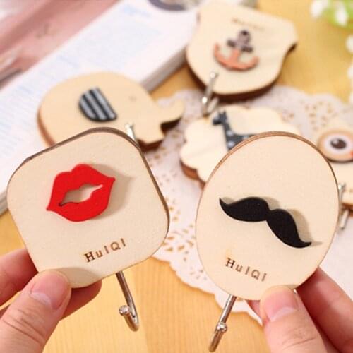 2Pcs Fashionable Idyllic Cute Cartoon Design Wooden Retro Hook No Nail Sticker Owl Big Lip Stick Hook