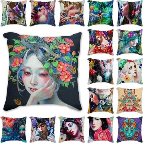 Beautiful girl 18" Vintage Style flower Cotton Linen Square Pillow Cover Home Decorative Sofa Cushion Cover Throw Pillowcases
