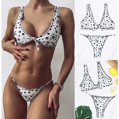 Hot kf-Floral Print Low-Waisted Bikini Sets Swimsuit Women Sexy Bow-Knot 2 Pieces Swimwear Beach Bathing Suits