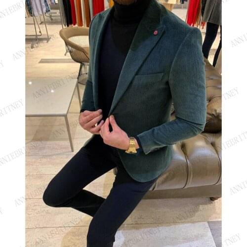2020 Casual Blue Corduroy Blazer Men Slim Fit Man Self-cultivation Leisure Tide Jacket Hombre Business Tailored Mans Suit Coat