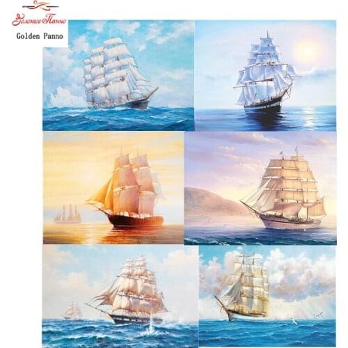Golden Panno 5D DIY diamond mosaic painting sailboat At sea cross stitch kits diamond embroidery ship rhinestones home