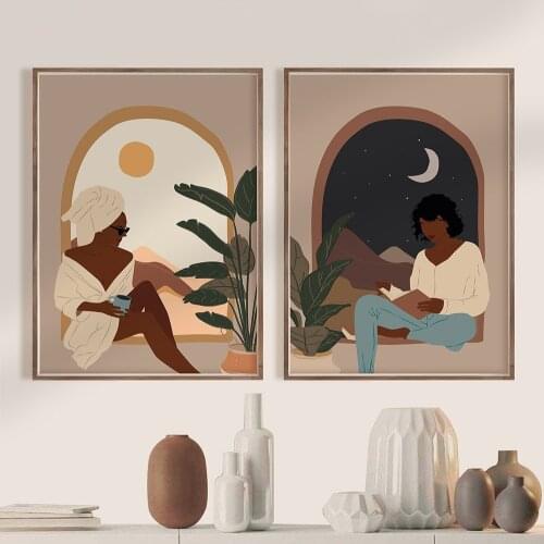 Wall Painting Picture Living Room Decoration Abstract Boho Art Vintage Poster Moon Sun Sexy Woman Modern Print Minimal Landscape