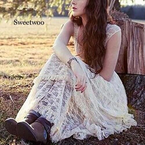 Solid Color Bohemian Lace Ankle-Length Dress Womens Boho Irregular Lace Double Layered Ruffled Trimming Dress