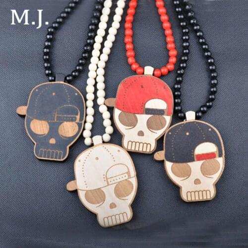 Fashion Luxury Brand Good Wood Hip Hop Death Skull Pendant Necklace Men Long Ball Beads Chain Cowboy Women Hiphop Jewelry Gift