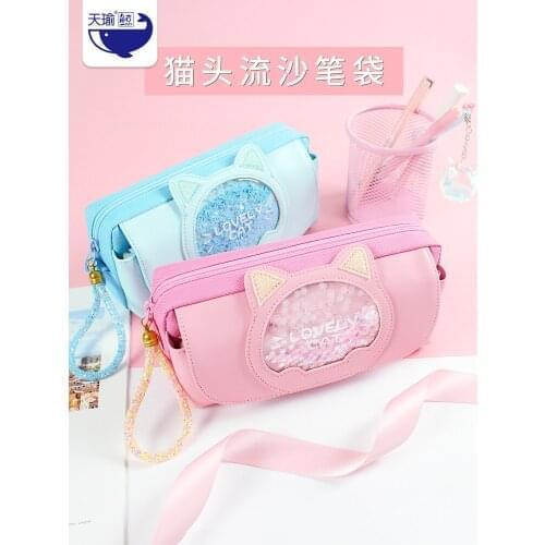 Simple Canvas Pen Case Cute Stationery Transparent Creative Pencil Pouch Large Capacity Multilayer Quicksand Pencil Bags