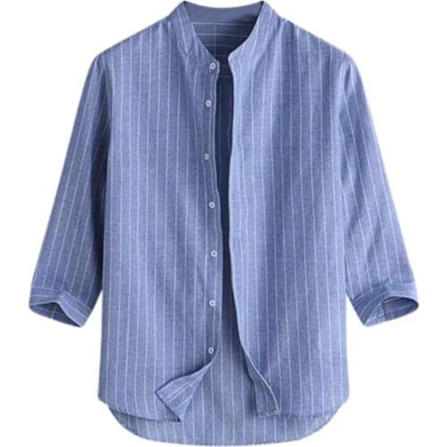 Men Shirt Striped Loose Top Stand Collar Single-breasted Shirt for Dating Vintage Slim Male Tee Tops Social Casual Men Clothes
