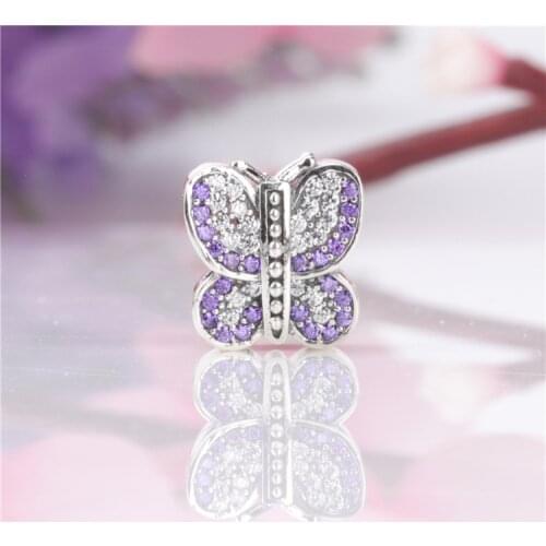 925 Sterling Silver Authentic Purple Butterfly Beads Charm Fit Pan Bracelets Bangles DIY Jewelry
