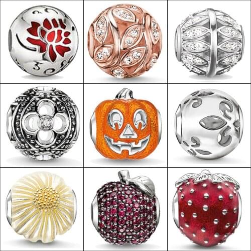 Charm Bead Lily Flower Apple Tree Leaves Clover Pumpkin Strawberry 925 Sterling Silver Jewelry Accessories Fit Bracelet Necklace