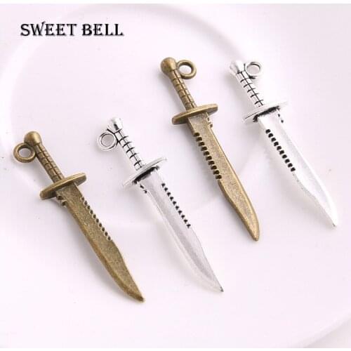 SWEET BELL 40pcs 10*43mm mini Knife Charms Vintage Metal Zinc Alloy Weapons Sword Pendant Charms D6215