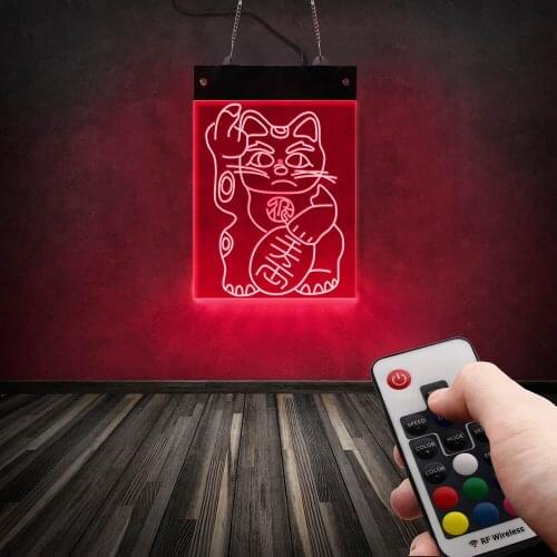 Funny Lucky Fortune Middle Finger Cat LED Hanging Neon Sign Humorous Crazy Kitty Light Up Décor Rectangle Acrylic Light Board