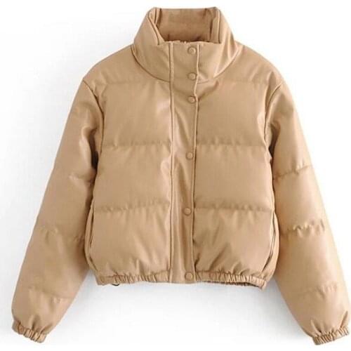 Women Fashion Faux Leather Bread Coat Thick Warm Padded Leather Jacket Coat Female Outerwear Chic Parkas