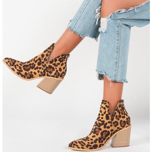 Autumn Autumn/Winter Boots women Camel Leopard Ankle Boots For Women Thick Heel Slip On Ladies Shoes Boots Bota Feminina
