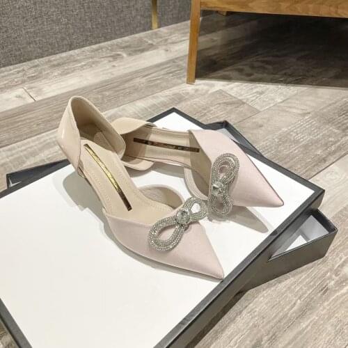 High Quality Women Office Pumps Thin High Heels Black/Beige/Wine Red Shallow Slip On Mules Shoes Work Pumps Rhinestone Bow Pumps