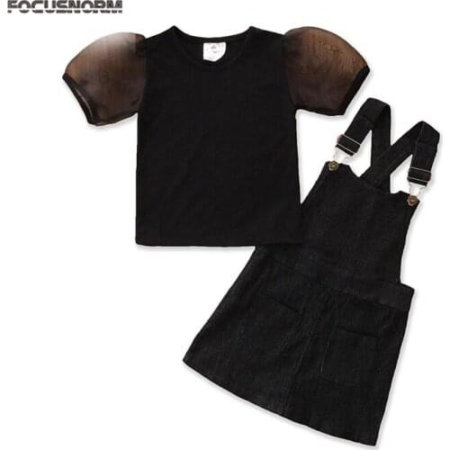 FOCUSNORM 0-5Y Summer Infant Girls Clothes Sets Lace Puff Sleeve T Shirts Tops Denim Overalls Strap Dress