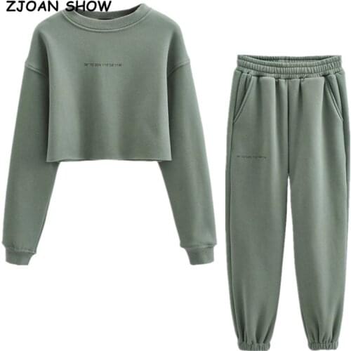 Winter Harajuku Drop Sleeve With Fleece Crop Hoodies Streetwear Women O neck Sweatshirt Casual Jumper Short Sweats green white