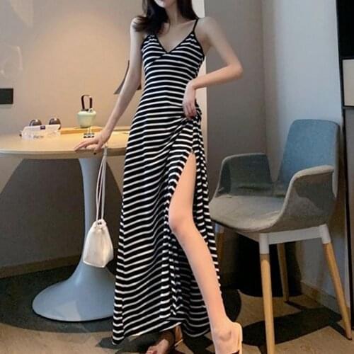 2021 New Style Fashion Summer Bodycon Long High Split Dress Suspender Sexy Deep V-neck Retro Long Black Stripe Large Hem Dress