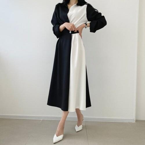Korean Chic Autumn Slim Temperament Lapel Hit Color Single Button Dress Women Shirts Long Sleeve OL Robe Femme Vestido Mujer