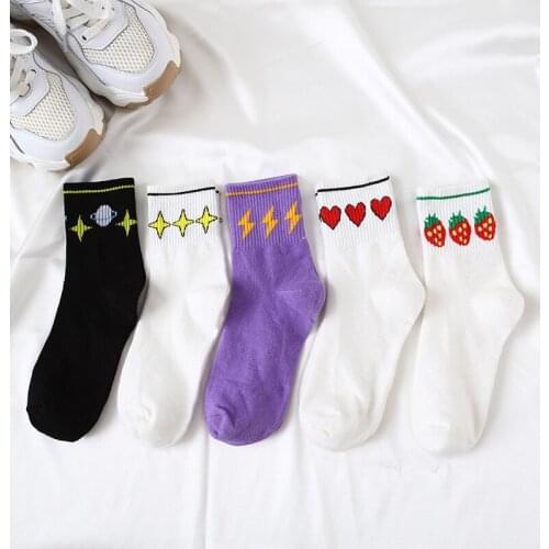 1 Pair of New All Cotton Middle Tube Socks Womens Japanese Personalized Trend Cartoon Breathable Sweat Absorbing Womens Socks