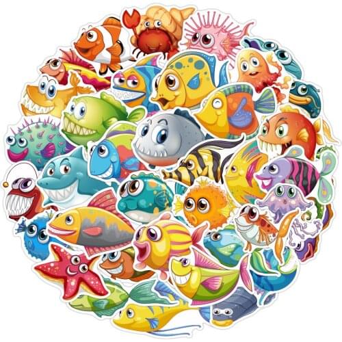 10/40PCS Cartoon Marine Animal FISH Doodle Stickers for Kids Toy Stationery Skateboard Laptop Fridge Guitar Anime Decal Sticker