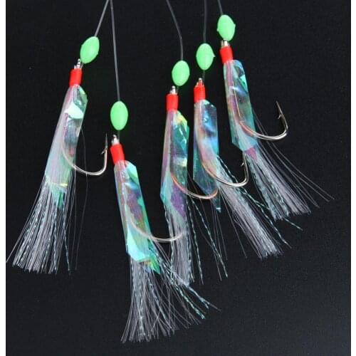 5 pcs Carbon Steel Mackerel Feathers Bass Cod Fishing Lures Sea Fishing Tackle Durable Head Treble Barbed Luminous Fishing Hook