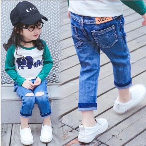 High quality baby girls Jeans 2018 autumn children cartoon pockets denim hole pants kids casual jeans for Girls 3 4 6 8 10 years