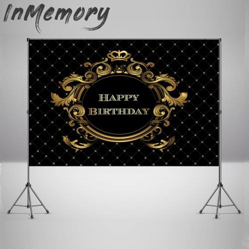 Photography Background Custom Black and Gold Crown Circle Happy Birthday Backdrop for Photo Studio Banner Cover