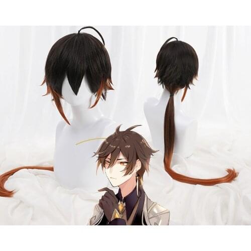 Genshin Impact Zhongli Cosplay 90cm Long Christmas Brown Orange Wig Cosplay Anime Wigs Heat Resistant Synthetic Wigs Halloween