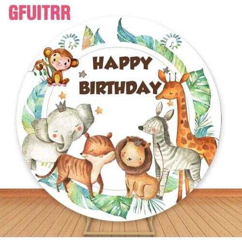 GFUITRR Jungle Animals Photography Backdrops Happy Birthday Photo Backgrounds Forest Wildlife Round Elastic Photo Booth Props