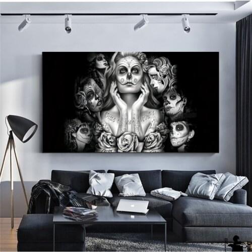Skull Girls Canvas Art Wall Paintings Black Sexy Women Wall Pictures Posters and Prints for Living Room Wall Decor