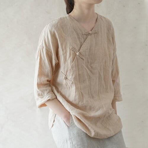 Johnature Women Chinese Style Shirts And Tops V-Neck Long Sleeve Blouses 2021 Summer Cotton Linen Clothes Vintage Female Shirts