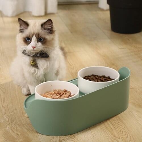 Pet Ceramic Cat Bowl To Protect The Cervical Vertebrae Double Bowl of Dog Food Anti-knocking Over The Bowl Dog Bowl