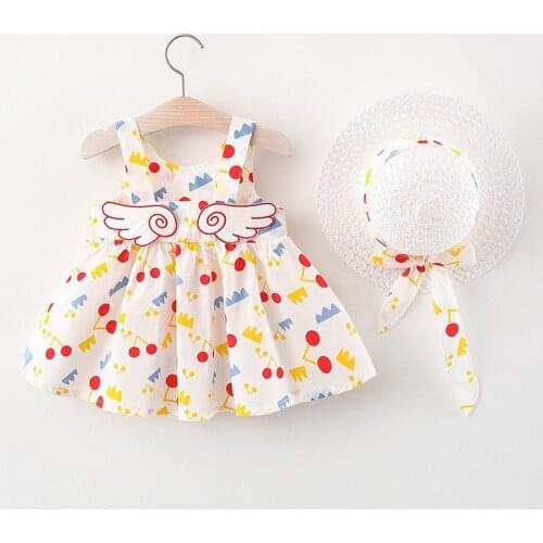 Summer Baby Clothes Cotton Sleeveless Infant Toddler Dress Little Girl Wing Print Princess Dress+Hat 2Pcs Kids Clothing Suits