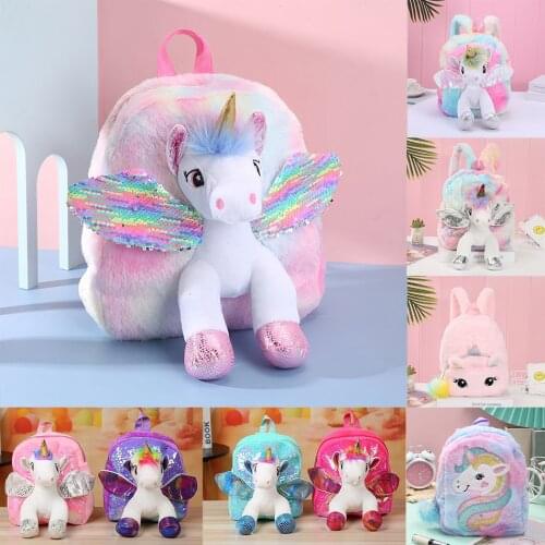 Baby Girl Unicorn Fur Backpack Cute Children Zipper Schoolbag Mini Kid Toy Doll Backpack For Kidergarten New Plush Bag Backpacks