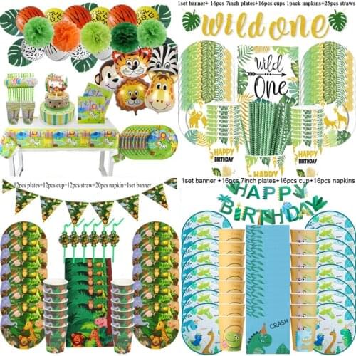 Jungle Birthday Party Decoration Disposable Tableware Set Jungle Animal Forest Friends Zoo Theme Supplies Baby Shower Safari