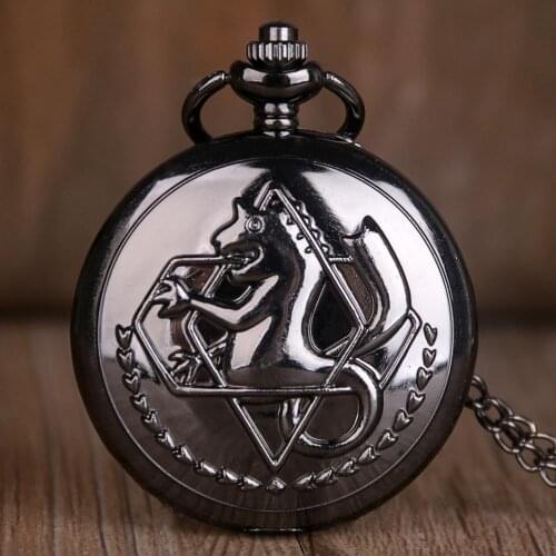 New Full Black Metal Alchemist Dull Pocket Watches Polish Edward Elric Necklace Chain Men Women Quartz Pocket Watches Best Gifts