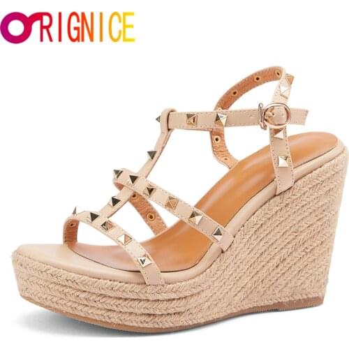Orignice Platform High Heels Sandals Women Designer Open Toe Studded Solid Color Buckle Strap Wedges Sexy Runway Party Shoes