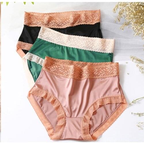Plus Size Women Lace Panties with High Waist Sexy Lace Thin Briefs Silky Ice Silk Satin Panties of Large Sizes Female Underwear